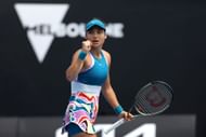 Emma Raducanu reacts in their round one singles match against Tamara Korpatsch